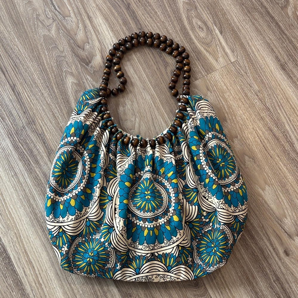 Boho Floral Teal Cotton Shoulder Bag with Wooden Bead Handle